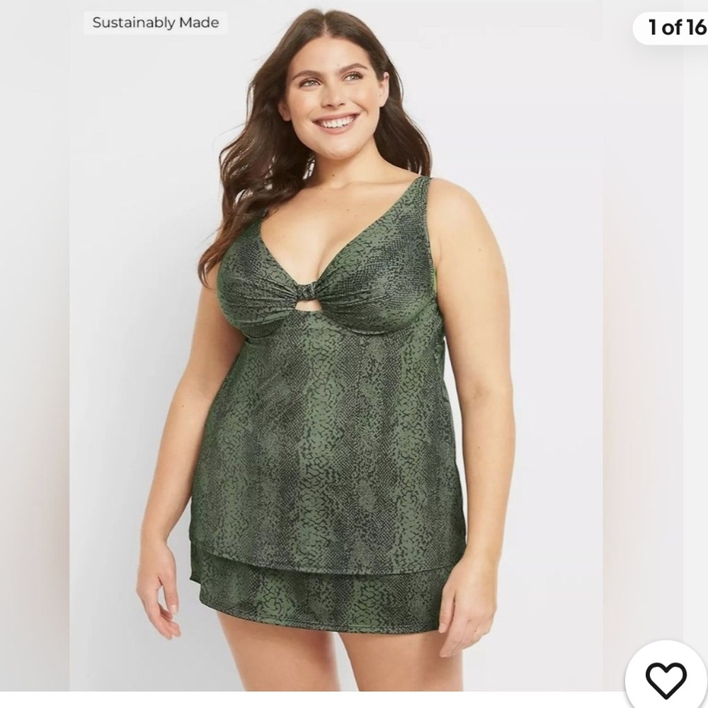 NWT Swim by Cacique Neutral Python Underwire Tankini 36DDD & Swim Skort 14 Green